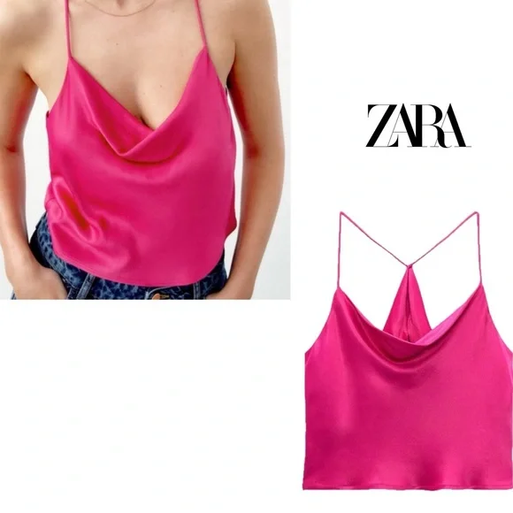 zara pink satin cowl neck top